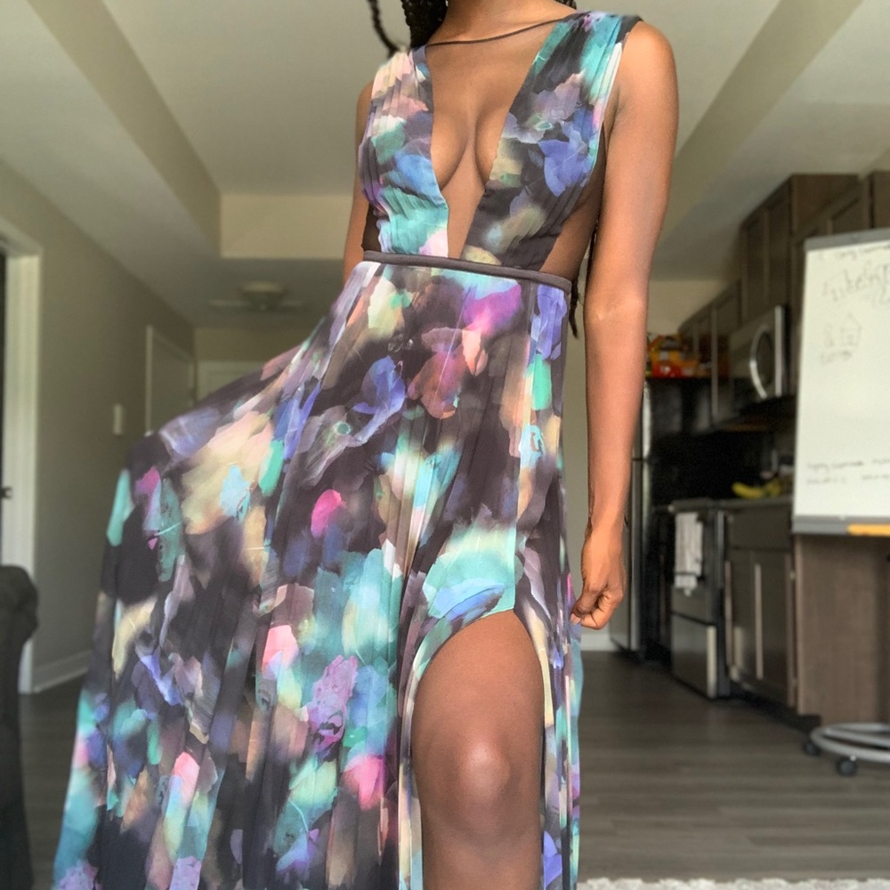 Bebe Deep V Mesh Multi Colored Long Maxi Dress
